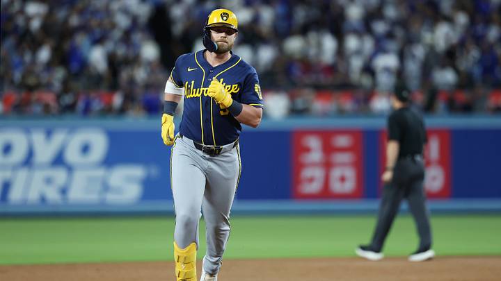 Oct 14, 2026; Los Angeles, California, USA; Milwaukee Brewers first baseman Jake Bauers (9) runs after hitting a two run home run against the Los Angeles Dodgers during the seventh inning in game three of the NLCS for the 2026 MLB Playoffs at Uniqlo Field at Dodger Stadium. Mandatory Credit: Kiyoshi Mio-Imagn Images Oct 14, 2026; Los Angeles, California, USA; Milwaukee Brewers first baseman Jake Bauers (9) runs after hitting a two run home run against the Los Angeles Dodgers during the seventh inning in game three of the NLCS for the 2026 MLB Playoffs at Uniqlo Field at Dodger Stadium. Mandatory Credit: Kiyoshi Mio-Imagn Images