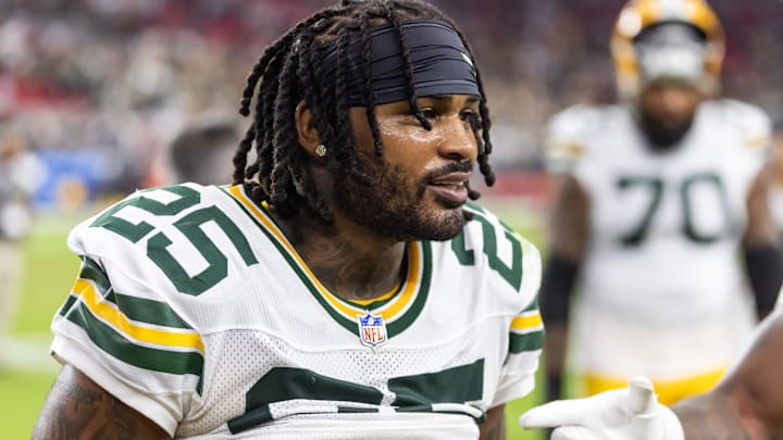 Oct 19, 2025; Glendale, Arizona, USA; Green Bay Packers cornerback Keisean Nixon (25) against the Arizona Cardinals at State Farm Stadium. 