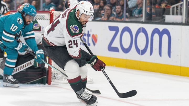 Dec 21, 2023; San Jose, California, USA; Arizona Coyotes defenseman Matt Dumba (24) controls the