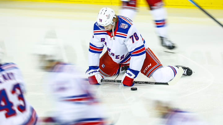Oct 26, 2025; Calgary, Alberta, CAN; New York Rangers left wing Brennan Othmann (78) during the warmup period against the Calgary Flames at Scotiabank Saddledome. Mandatory Credit: Sergei Belski-Imagn Images