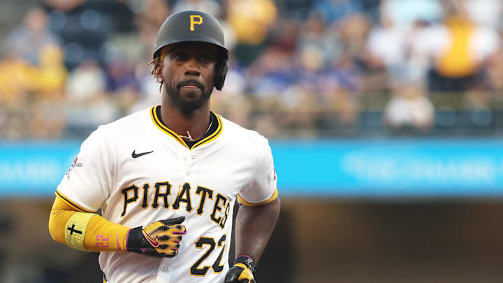 Sep 3, 2025; Pittsburgh, Pennsylvania, USA;  Pittsburgh Pirates designated hitter Andrew McCutchen (22) circles the bases on a solo home run against the Los Angeles Dodgers during the second inning at PNC Park. Mandatory Credit: Charles LeClaire-Imagn Images