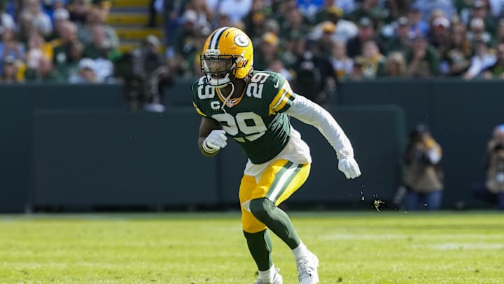 Sep 7, 2025; Green Bay, Wisconsin, USA;  Green Bay Packers safety Xavier McKinney (29) during the game against the Detroit Lions at Lambeau Field. Mandatory Credit: Jeff Hanisch-Imagn Images