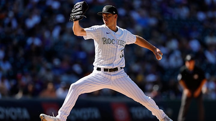 Sep 26, 2023; Denver, Colorado, USA; Colorado Rockies relief pitcher Brent Suter (39) pitches in the