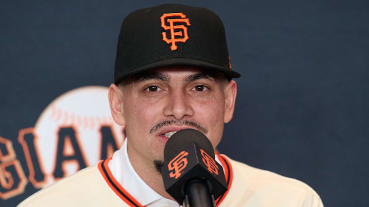 Dec 12, 2024; San Francisco, CA, USA; San Francisco Giants shortstop Willy Adames speaks during his introductory press conference at Oracle Park. Dec 12, 2024; San Francisco, CA, USA; San Francisco Giants shortstop Willy Adames speaks during his introductory press conference at Oracle Park.