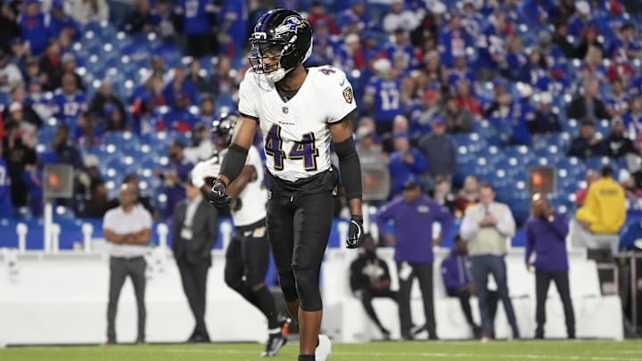 Sep 7, 2025; Orchard Park, New York, USA;  Baltimore Ravens cornerback Marlon Humphrey (44) warms up prior to the game against the Buffalo Bills at Highmark Stadium. Mandatory Credit: Gregory Fisher-Imagn Images