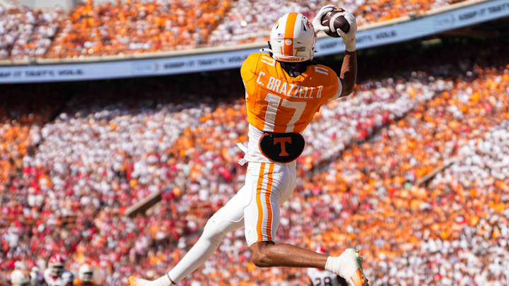Tennessee wide receiver Chris Brazzell II (17) catches the ball in the end zone during a NCAA football game between Tennessee and Georgia at Neyland Stadium in Knoxville, Tennessee, on September 13, 2025.