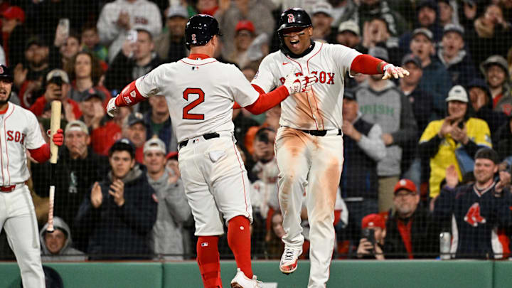 Apr 6, 2025; Boston, Massachusetts, USA; Boston Red Sox third baseman Alex Bregman (2) celebrates a three run home run against the St. Louis Cardinals with designated hitter Rafael Devers (11) during the third inning at Fenway Park. Mandatory Credit: Eric Canha-Imagn Images Apr 6, 2025; Boston, Massachusetts, USA; Boston Red Sox third baseman Alex Bregman (2) celebrates a three run home run against the St. Louis Cardinals with designated hitter Rafael Devers (11) during the third inning at Fenway Park. Mandatory Credit: Eric Canha-Imagn Images