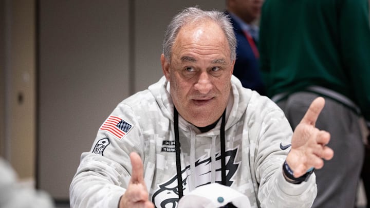 Philadelphia Eagles defensive coordinator Vic Fangio speaks with the media during a press conference at Hilton New Orleans Riverside during Super Bowl week.