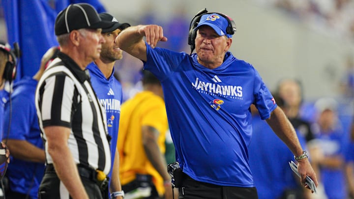 Aug 23, 2025; Lawrence, Kansas, USA; Kansas Jayhawks head coach Lance Leipold reacts after a play during the second half against the Fresno State Bulldogs at David Booth Kansas Memorial Stadium. Mandatory Credit: Jay Biggerstaff-Imagn Images