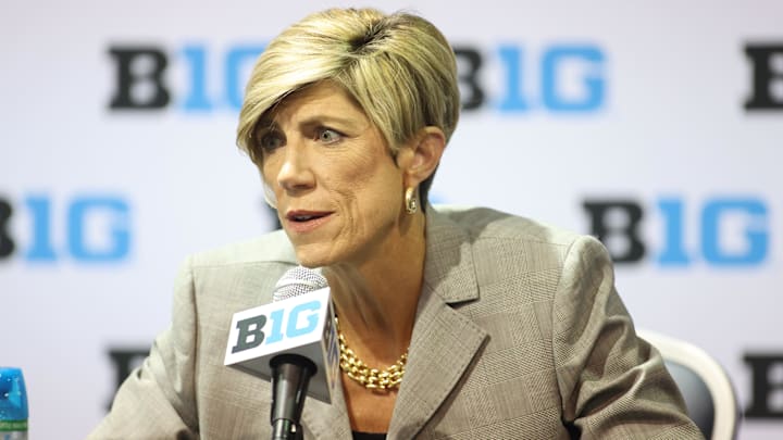 Oct 8, 2025; Rosemont, Illinois, USA; Iowa Head Coach Jan Jensen speaks during Big Ten Women’s Basketball Media Days at the Donald E. Stephens Convention Center. Mandatory Credit: Talia Sprague-Imagn Images