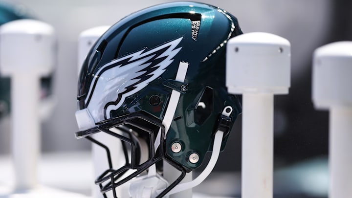 Aug 16, 2025; Philadelphia, Pennsylvania, USA; Philadelphia Eagles helmet on the bench during a game against the Cleveland Browns at Lincoln Financial Field. Mandatory Credit: Bill Streicher-Imagn Images