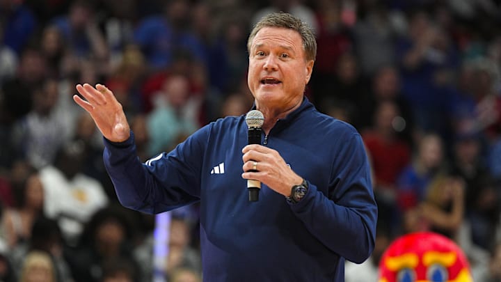 Oct 18, 2024; Lawrence, KS, USA; Kansas Jayhawks head coach Bill Self speaks to the crowd during Late Night in the Phog at Allen Fieldhouse. Mandatory Credit: Jay Biggerstaff-Imagn Images