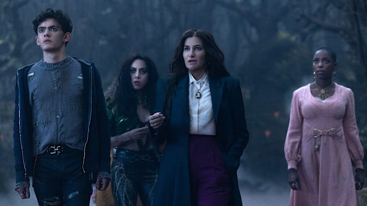 (L-R): Teen (Joe Locke), Rio Vidal (Aubrey Plaza), Agatha Harkness (Kathryn Hahn) and Jennifer Kale (Sasheer Zamata) in Marvel Television's AGATHA ALL ALONG, exclusively on Disney+. Photo by Chuck Zlotnick. © 2024 MARVEL.