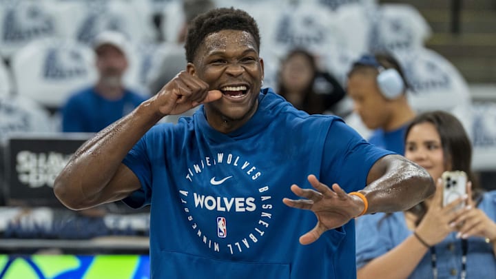 May 14, 2025; Minneapolis, Minnesota, USA; Minnesota Timberwolves guard Anthony Edwards (5) on the court during warmups prior to game five of the second round for the 2025 NBA Playoffs against the Golden State Warriors at Target Center. Mandatory Credit: Jesse Johnson-Imagn Images May 14, 2025; Minneapolis, Minnesota, USA; Minnesota Timberwolves guard Anthony Edwards (5) on the court during warmups prior to game five of the second round for the 2025 NBA Playoffs against the Golden State Warriors at Target Center. Mandatory Credit: Jesse Johnson-Imagn Images