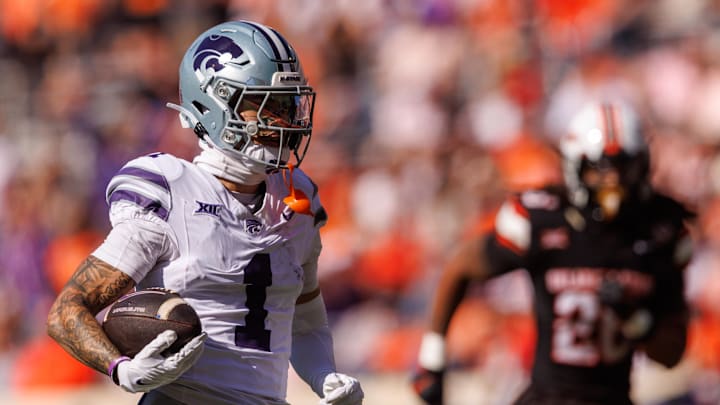 Nov 15, 2025; Stillwater, Oklahoma, USA; Kansas State Wildcats wide receiver Jayce Brown (1) runs into the end zone for a touchdown during the first half against the Oklahoma State Cowboys at Boone Pickens Stadium. Mandatory Credit: William Purnell-Imagn Images