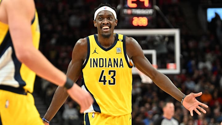 Feb 14, 2024; Toronto, Ontario, CAN;  Indiana Pacers forward Pascal Siakam (43) reacts after a scoring play against the Toronto Raptors in the second half at Scotiabank Arena. Mandatory Credit: Dan Hamilton-Imagn Images