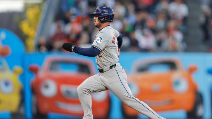 Jun 11, 2024; San Francisco, California, USA; Houston Astros third baseman Alex Bregman (2) runs to third base during the fifth inning against the San Francisco Giants at Oracle Park. Mandatory Credit: Sergio Estrada-USA TODAY Sports