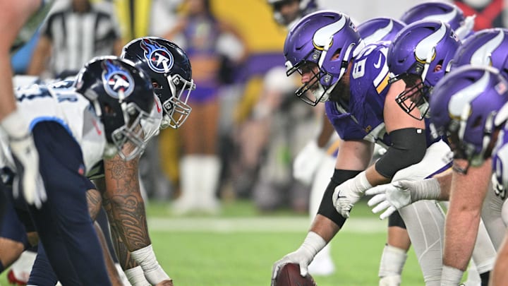 Aug 19, 2023; Minneapolis, Minnesota, USA; The line of scrimmage between the Minnesota Vikings and the Tennessee Titans during the fourth quarter at U.S. Bank Stadium. Aug 19, 2023; Minneapolis, Minnesota, USA; The line of scrimmage between the Minnesota Vikings and the Tennessee Titans during the fourth quarter at U.S. Bank Stadium.