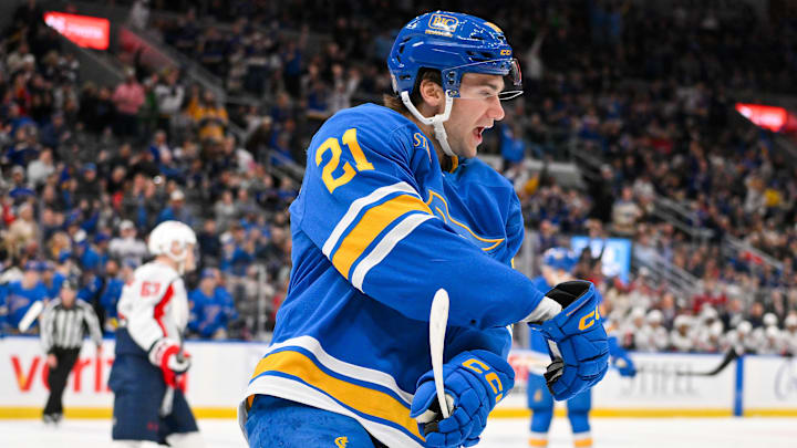 Mar 24, 2026; St. Louis, Missouri, USA; St. Louis Blues right wing Jimmy Snuggerud (21) reacts after scoring against the Washington Capitals during the second period at Enterprise Center. Mandatory Credit: Jeff Curry-Imagn Images