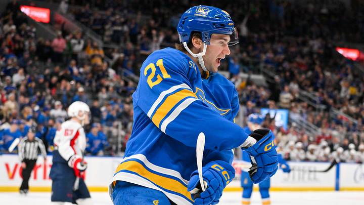Mar 24, 2026; St. Louis, Missouri, USA; St. Louis Blues right wing Jimmy Snuggerud (21) reacts after scoring against the Washington Capitals during the second period at Enterprise Center. Mandatory Credit: Jeff Curry-Imagn Images