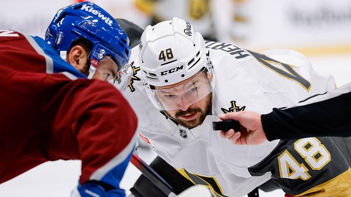 May 20, 2026; Denver, Colorado, USA; Vegas Golden Knights center Tomas Hertl (48) faces off against Colorado Avalanche center Nicolas Roy (10) in the third period in game one of the Western Conference Final of the 2026 Stanley Cup Playoffs at Ball Arena. Mandatory Credit: Isaiah J. Downing-Imagn Images May 20, 2026; Denver, Colorado, USA; Vegas Golden Knights center Tomas Hertl (48) faces off against Colorado Avalanche center Nicolas Roy (10) in the third period in game one of the Western Conference Final of the 2026 Stanley Cup Playoffs at Ball Arena. Mandatory Credit: Isaiah J. Downing-Imagn Images