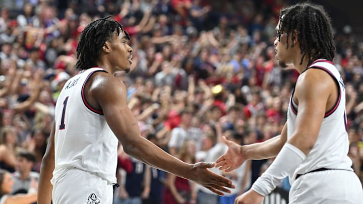 Nov 10, 2024; Spokane, Washington, USA; Gonzaga Bulldogs guard Michael Ajayi (1) high fives Gonzaga Bulldogs guard Ryan Nembhard (0) during a game against the Arizona State Sun Devils in the second half at McCarthey Athletic Center. Mandatory Credit: James Snook-Imagn Images