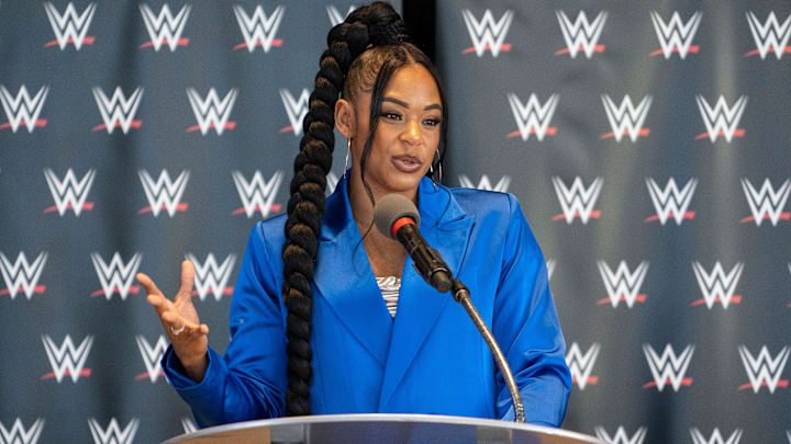 WWE wrestler Bianca Belair speaks at a press conference hosted by WWE and the Indianapolis Sports Corp on Monday, June 24, 2024, in Gainbridge Fieldhouse. Announcements included that Indianapolis will host the Royal Rumble 2025, Summer Slam and WrestleMania.