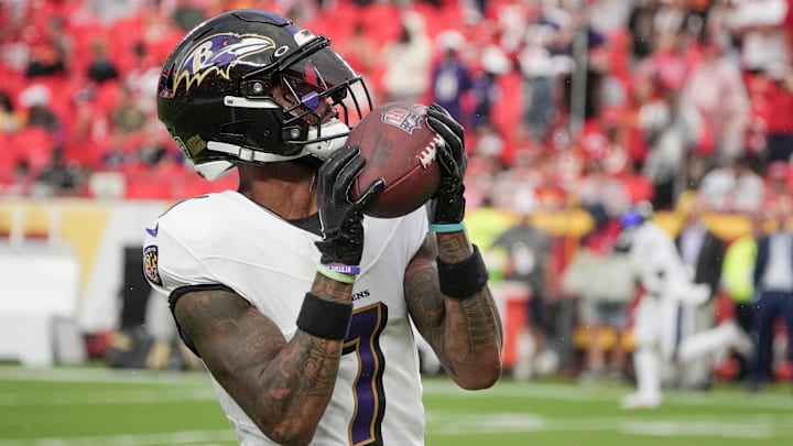 Sep 5, 2024; Kansas City, Missouri, USA; Baltimore Ravens wide receiver Rashod Bateman (7) warms up against the Kansas City Chiefs prior to a game at GEHA Field at Arrowhead Stadium. Mandatory Credit: Denny Medley-Imagn Images