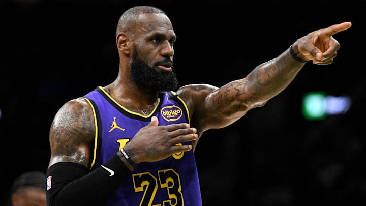 Mar 8, 2025; Boston, Massachusetts, USA; Los Angeles Lakers forward LeBron James (23) calls a play against the Boston Celtics during the second quarter at the TD Garden. Mandatory Credit: Brian Fluharty-Imagn Images