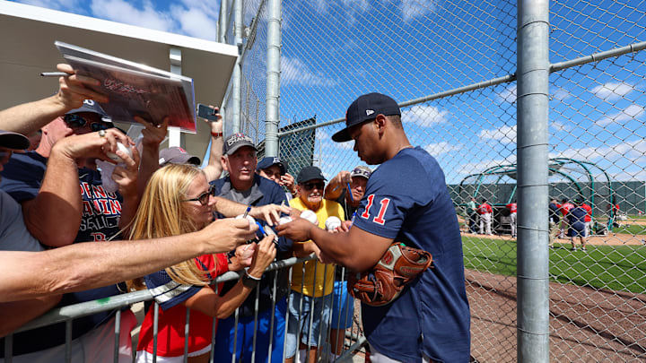 Fort Myers, FL, USA; Boston Red Sox third baseman Rafael Devers (11) participates in spring training workouts at Fenway South Player Development Complex. Fort Myers, FL, USA; Boston Red Sox third baseman Rafael Devers (11) participates in spring training workouts at Fenway South Player Development Complex.