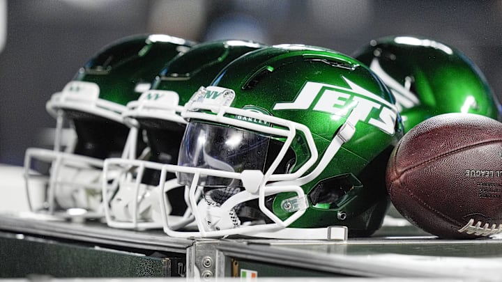 Aug 17, 2024; Charlotte, North Carolina, USA; New York Jets helmets during the second half against the Carolina Panthers at Bank of America Stadium. Mandatory Credit: Jim Dedmon-Imagn Images