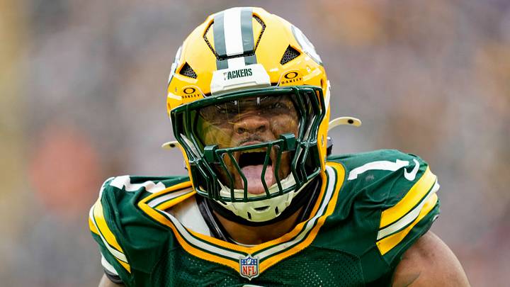 Nov 23, 2025; Green Bay, Wisconsin, USA;  Green Bay Packers defensive end Micah Parsons (1) celebrates after sacking Minnesota Vikings quarterback J.J. McCarthy (9) (not pictured) during the game at Lambeau Field. Mandatory Credit: Jeff Hanisch-Imagn Images
