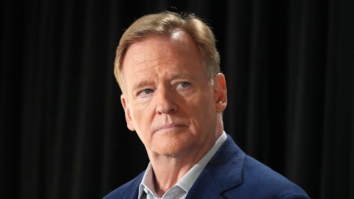 Feb 3, 2025; New Orleans, LA, USA; NFL commissioner Roger Goodell looks on during a press conference ahead of Super Bowl LIX at New Orleans Saints Locker Room. Mandatory Credit: Kirby Lee-Imagn Images