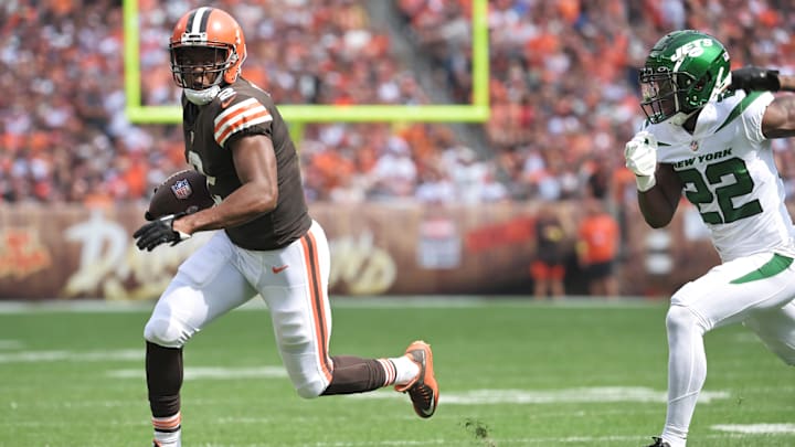 Sep 18, 2022; Cleveland, Ohio, USA; Cleveland Browns wide receiver Amari Cooper (2) runs with the ball after a catch as New York Jets safety Tony Adams (22) defends during the first half at FirstEnergy Stadium.