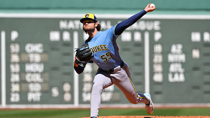 Apr 8, 2026; Boston, Massachusetts, USA; Milwaukee Brewers starting pitcher Shane Drohan (55) pitches against the Boston Red Sox during the first inning at Fenway Park. Mandatory Credit: Eric Canha-Imagn Images Apr 8, 2026; Boston, Massachusetts, USA; Milwaukee Brewers starting pitcher Shane Drohan (55) pitches against the Boston Red Sox during the first inning at Fenway Park. Mandatory Credit: Eric Canha-Imagn Images
