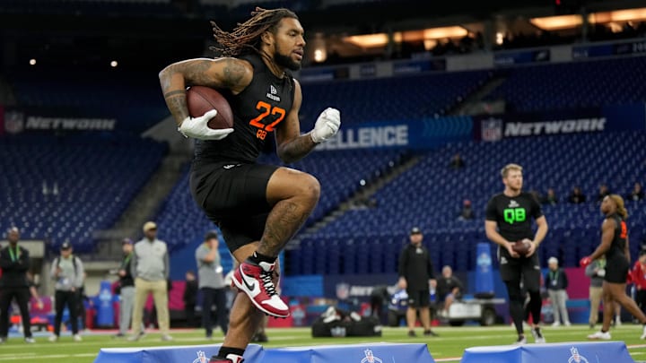 Miami running back Damien Martinez during the 2025 NFL Combine at Lucas Oil Stadium.
