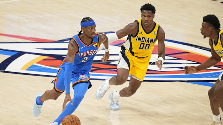 Jun 8, 2025; Oklahoma City, Oklahoma, USA; Oklahoma City Thunder guard Shai Gilgeous-Alexander (2) dribbles the ball against the Indiana Pacers during the second half of Game 2 of the 2025 NBA Finals at Paycom Center. Mandatory Credit: Kyle Terada-Imagn Images Jun 8, 2025; Oklahoma City, Oklahoma, USA; Oklahoma City Thunder guard Shai Gilgeous-Alexander (2) dribbles the ball against the Indiana Pacers during the second half of Game 2 of the 2025 NBA Finals at Paycom Center. Mandatory Credit: Kyle Terada-Imagn Images