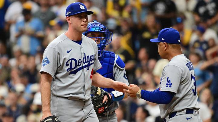 Oct 12, 2026; Milwaukee, Wisconsin, USA; Los Angeles Dodgers manager Dave Roberts relieves pitcher Kris Bubic (40) during the fifth inning against the Milwaukee Brewers in game two of the NLCS for the 2026 MLB Playoffs at American Family Field. Mandatory Credit: Benny Sieu-Imagn Images Oct 12, 2026; Milwaukee, Wisconsin, USA; Los Angeles Dodgers manager Dave Roberts relieves pitcher Kris Bubic (40) during the fifth inning against the Milwaukee Brewers in game two of the NLCS for the 2026 MLB Playoffs at American Family Field. Mandatory Credit: Benny Sieu-Imagn Images
