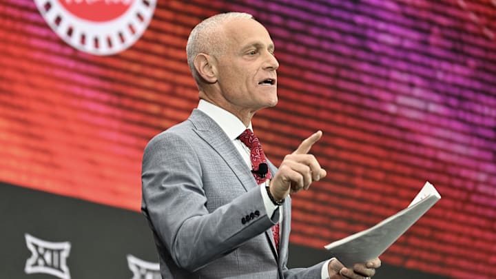 Jul 9, 2024; Las Vegas, NV, USA; Big 12 Conference commissioner Brett Yormark speaks to the media during the Big 12 Media Days at Allegiant Stadium. Mandatory Credit: Candice Ward-Imagn Images