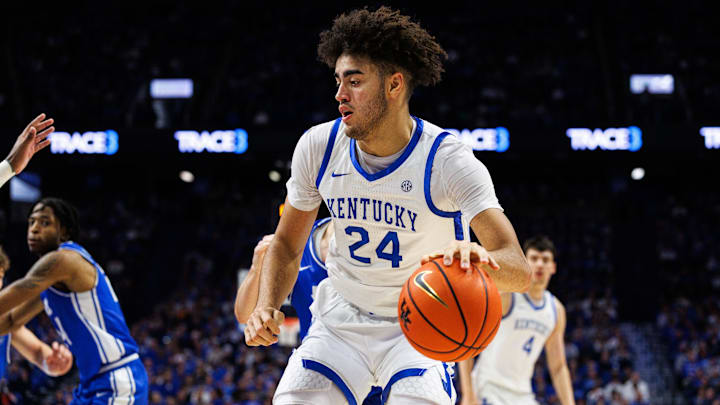 Nov 14, 2025; Lexington, Kentucky, USA; Kentucky Wildcats center Malachi Moreno (24) drives to the basket during the second half against the Eastern Illinois Panthers at Rupp Arena at Central Bank Center. Mandatory Credit: Jordan Prather-Imagn Images