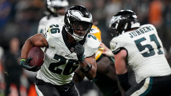 Sep 6, 2024; Sao Paulo, BRA; Philadelphia Eagles running back Saquon Barkley (26) runs during the first half against the Green Bay Packers at Neo Quimica Arena. Mandatory Credit: Kirby Lee-Imagn Images