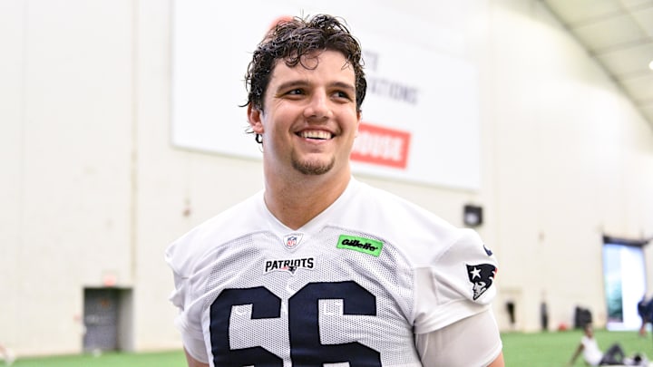 Jun 10, 2025; Foxborough, MA, USA; New England Patriots offensive tackle Will Campbell (66) speaks to the media after minicamp held in the WIN Field House at Gillette Stadium. Mandatory Credit: Eric Canha-Imagn Images