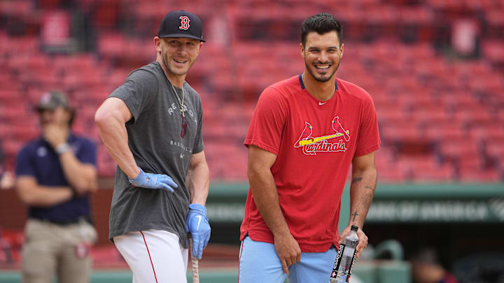 Jun 18, 2022; Boston, Massachusetts, USA; Boston Red Sox second baseman Trevor Story (10) and St. Louis Cardinals third baseman Nolan Arenado (28) prior to the game at Fenway Park. Mandatory Credit: Gregory Fisher-Imagn Images