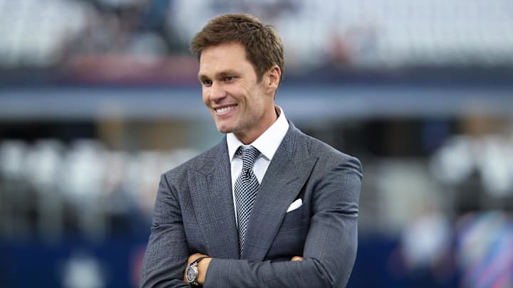 Oct 13, 2024; Arlington, Texas, USA; Fox Sports  broadcaster Tom Brady before the game between the Dallas Cowboys and Detroit Lions at AT&T Stadium. Mandatory Credit: Kevin Jairaj-Imagn Images