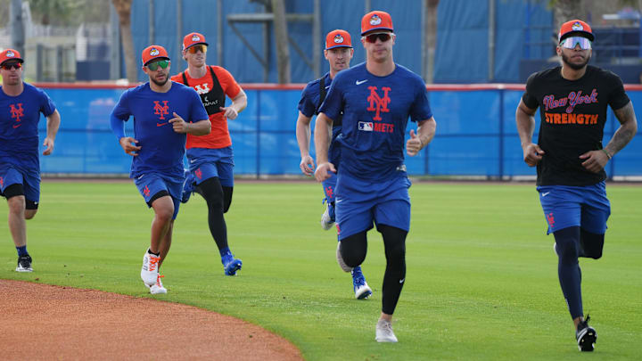 Feb 13, 2025; Port St. Lucie, FL, USA; New York Mets prospects participate in Spring Training activities. Mandatory Credit: Jim Rassol-Imagn Images Feb 13, 2025; Port St. Lucie, FL, USA; New York Mets prospects participate in Spring Training activities. Mandatory Credit: Jim Rassol-Imagn Images