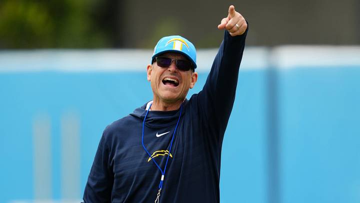 Los Angeles Chargers coach Jim Harbaugh reacts during organized team activities at the Hoag Performance Center. Mandatory Credit: Kirby Lee-USA TODAY Sports