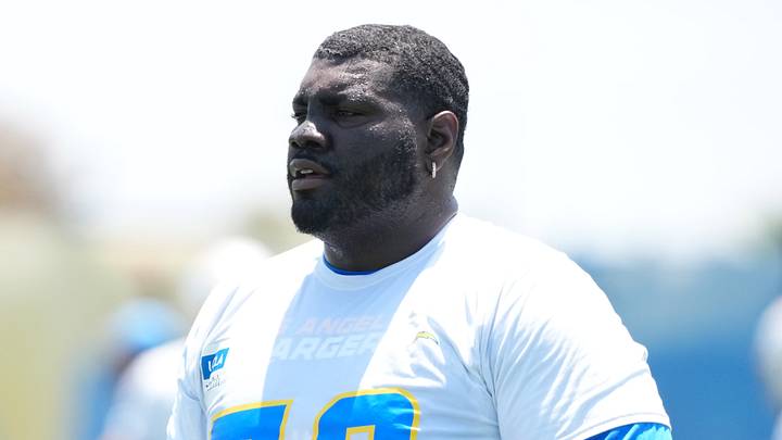 May 27, 2025; El Segundo, CA, USA; Los Angeles Chargers guard Mekhi Becton (73) during organized team activities at The Bolt. Mandatory Credit: Kirby Lee-Imagn Images