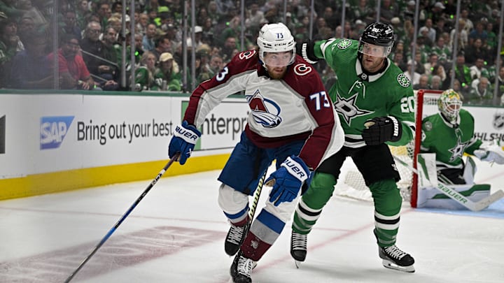 May 7, 2024; Dallas, Texas, USA; Colorado Avalanche center Yakov Trenin (73) controls the puck in