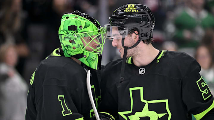 Feb 2, 2025; Dallas, Texas, USA; Dallas Stars goaltender Casey DeSmith (1) and center Wyatt Johnston (53) celebrate after the Stars defeat the Columbus Blue Jackets at the American Airlines Center. Mandatory Credit: Jerome Miron-Imagn Images