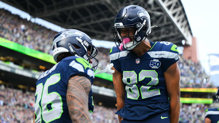 Nov 9, 2025; Seattle, Washington, USA; Seattle Seahawks running back George Holani (36) celebrates with Seattle Seahawks wide receiver Cody White (82) after scoring a touchdown during the first quarter against the Arizona Cardinals at Lumen Field. Nov 9, 2025; Seattle, Washington, USA; Seattle Seahawks running back George Holani (36) celebrates with Seattle Seahawks wide receiver Cody White (82) after scoring a touchdown during the first quarter against the Arizona Cardinals at Lumen Field.
